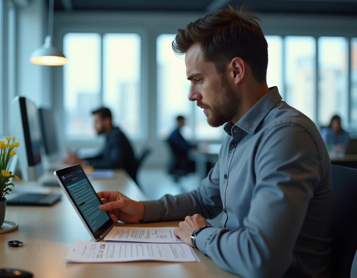 Homme en entreprise vérifiant la déclaration de sa prime de partage de la valeur sur une tablette et des documents officiels