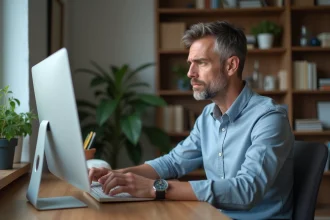 Homme d'âge moyen travaillant dans un bureau à domicile