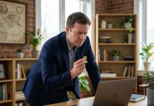 Homme d'âge moyen avec pièce d'or dans un bureau moderne