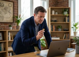 Acheter de l’or en ligne : les meilleures pratiques Homme d'âge moyen avec pièce d'or dans un bureau moderne