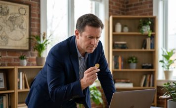 Acheter de l’or en ligne : les meilleures pratiques Homme d'âge moyen avec pièce d'or dans un bureau moderne