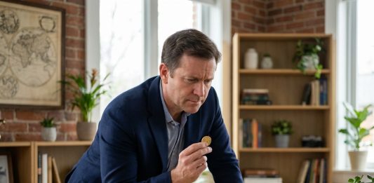 Acheter de l’or en ligne : les meilleures pratiques Homme d'âge moyen avec pièce d'or dans un bureau moderne
