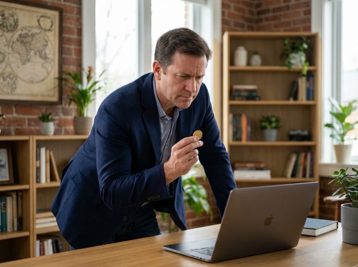 Homme d'âge moyen avec pièce d'or dans un bureau moderne