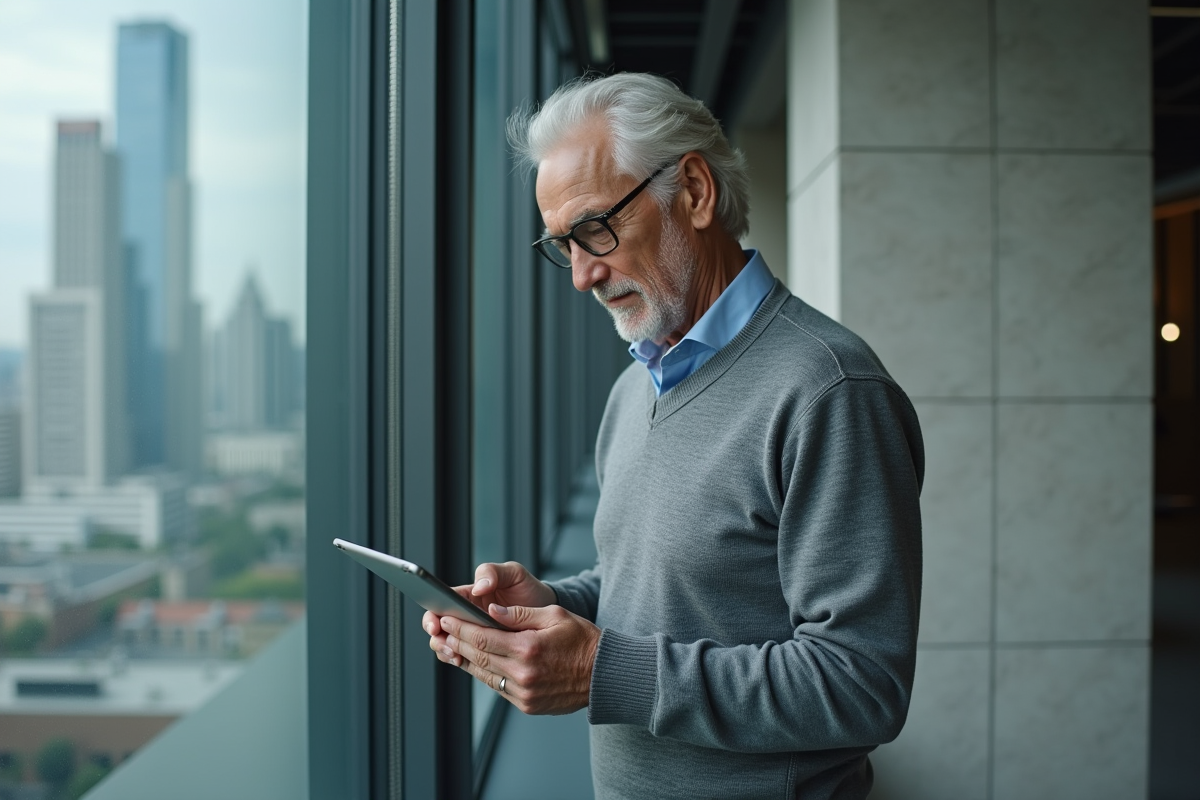 Homme âgé utilisant une tablette dans un bureau moderne