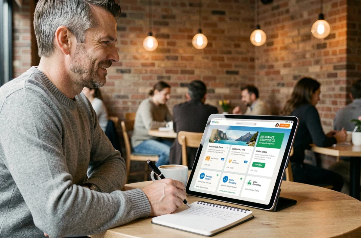 Homme dans un café comparant les offres d'assurance voyage sur une tablette avec des notes manuscrites