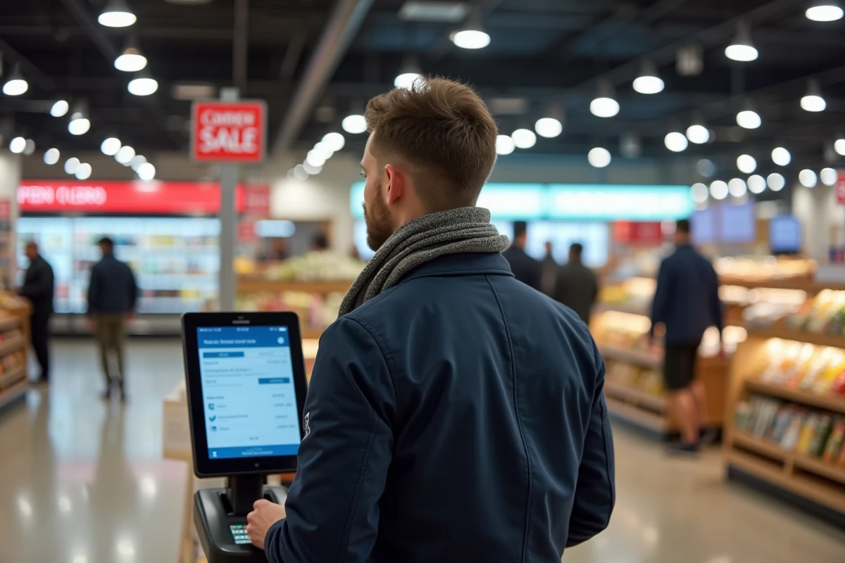 Jeune homme au self checkout dans un supermarche
