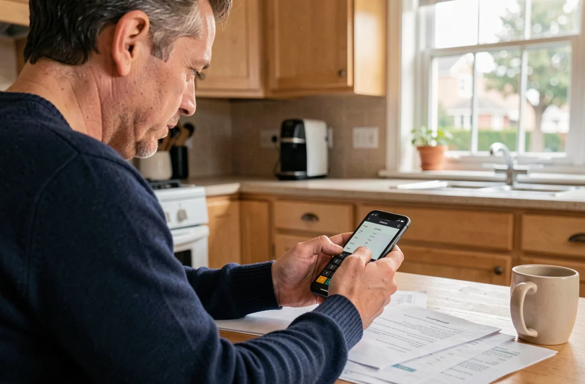 Homme calculant son salaire net à domicile avec une calculatrice et des documents financiers sur la table de cuisine