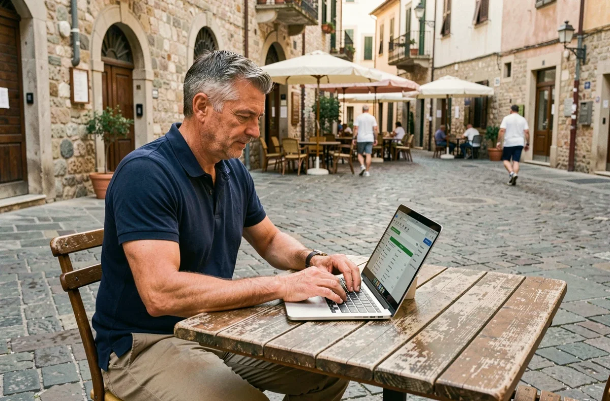Homme compare des assurances voyage en ligne depuis une terrasse de café européenne