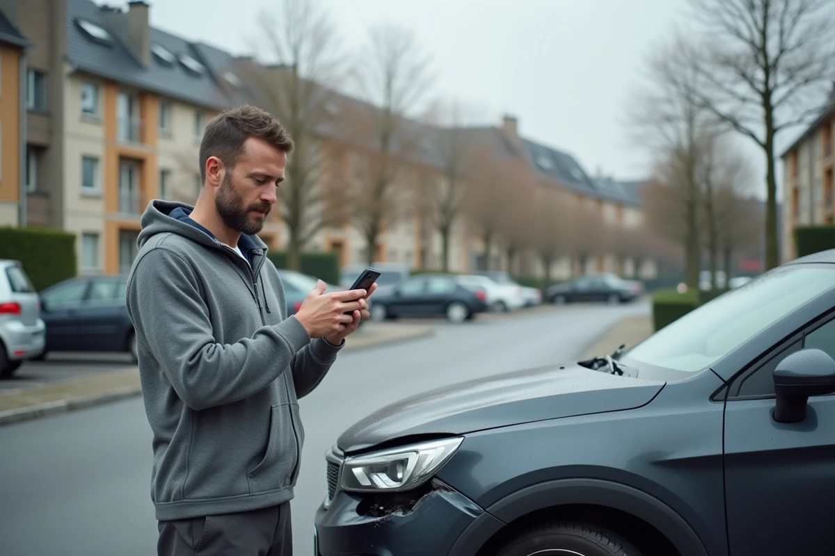 Homme photographiant les dégâts sur sa voiture après un sinistre pour une déclaration d'assurance