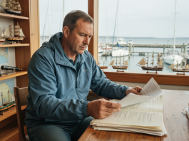 Homme en windbreaker bleu examine documents d'assurance bateau