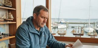 Homme en windbreaker bleu examine documents d'assurance bateau