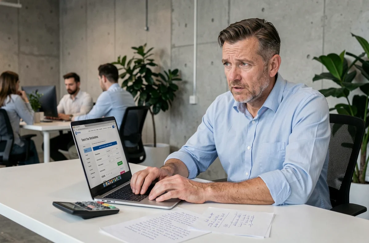 Homme en bureau déclarant ses revenus en ligne avec calculatrice et notes manuscrites, dans le contexte des heures supplémentaires et de la fiscalité salariale