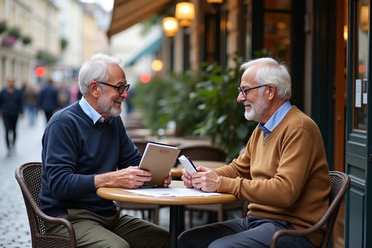 Homme discutant dans un café en plein air