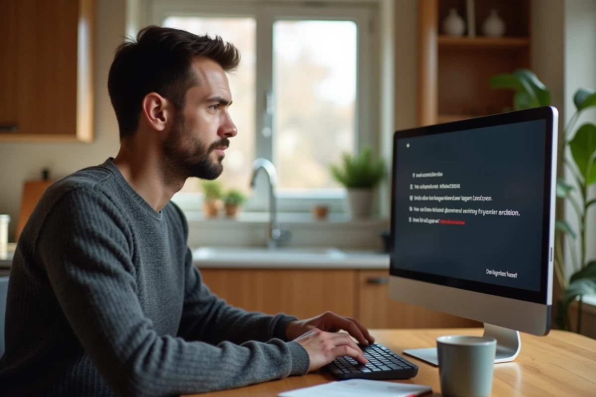 Homme résolvant un problème de connexion à un site d'assurance en ligne depuis son domicile