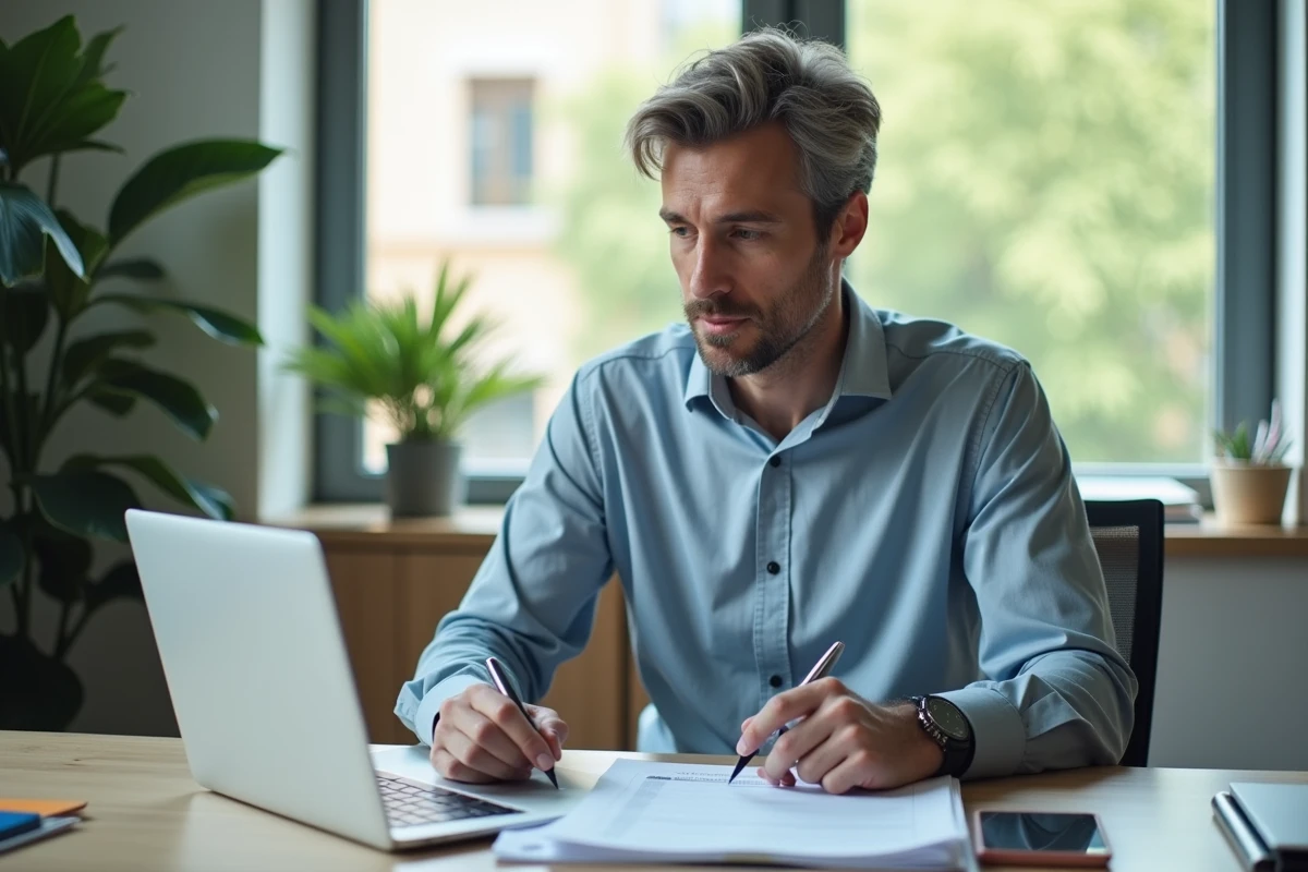 Homme étudiant son dossier Éco PTZ au bureau