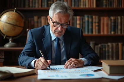 Homme d'âge moyen en costume navy dans une bibliothèque ancienne