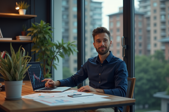 homme-finance-bourse-urban Jeune homme étudiant des graphiques financiers dans un appartement