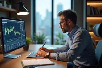Homme d'affaires concentré devant ses graphiques financiers