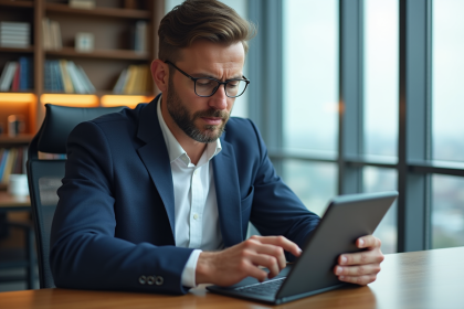 Homme d'âge moyen en blazer bleu étudiant des graphiques financiers