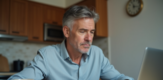 Homme d'âge moyen analysant des documents financiers à la maison