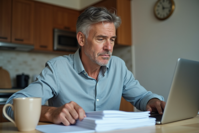 Homme d'âge moyen analysant des documents financiers à la maison