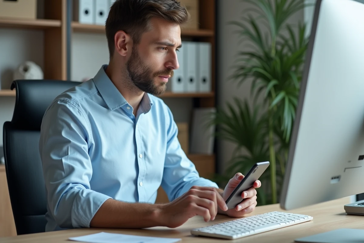 Homme gérant ses comptes bancaires sur ordinateur et smartphone depuis son bureau à domicile, comparaison des outils bancaires numériques
