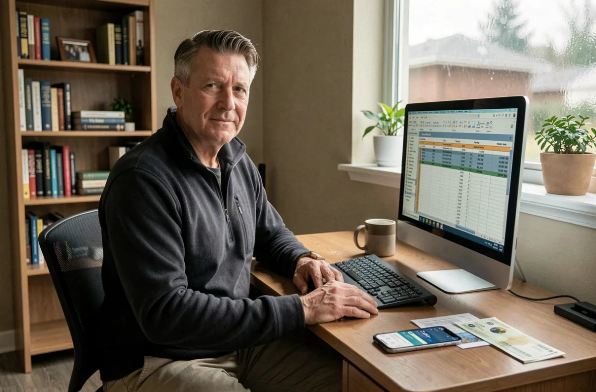 Homme d'âge moyen gérant ses finances personnelles sur un ordinateur dans un bureau à domicile au Canada
