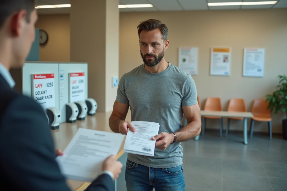 Homme déposant un recours administratif au guichet de la CAF pour un virement refusé
