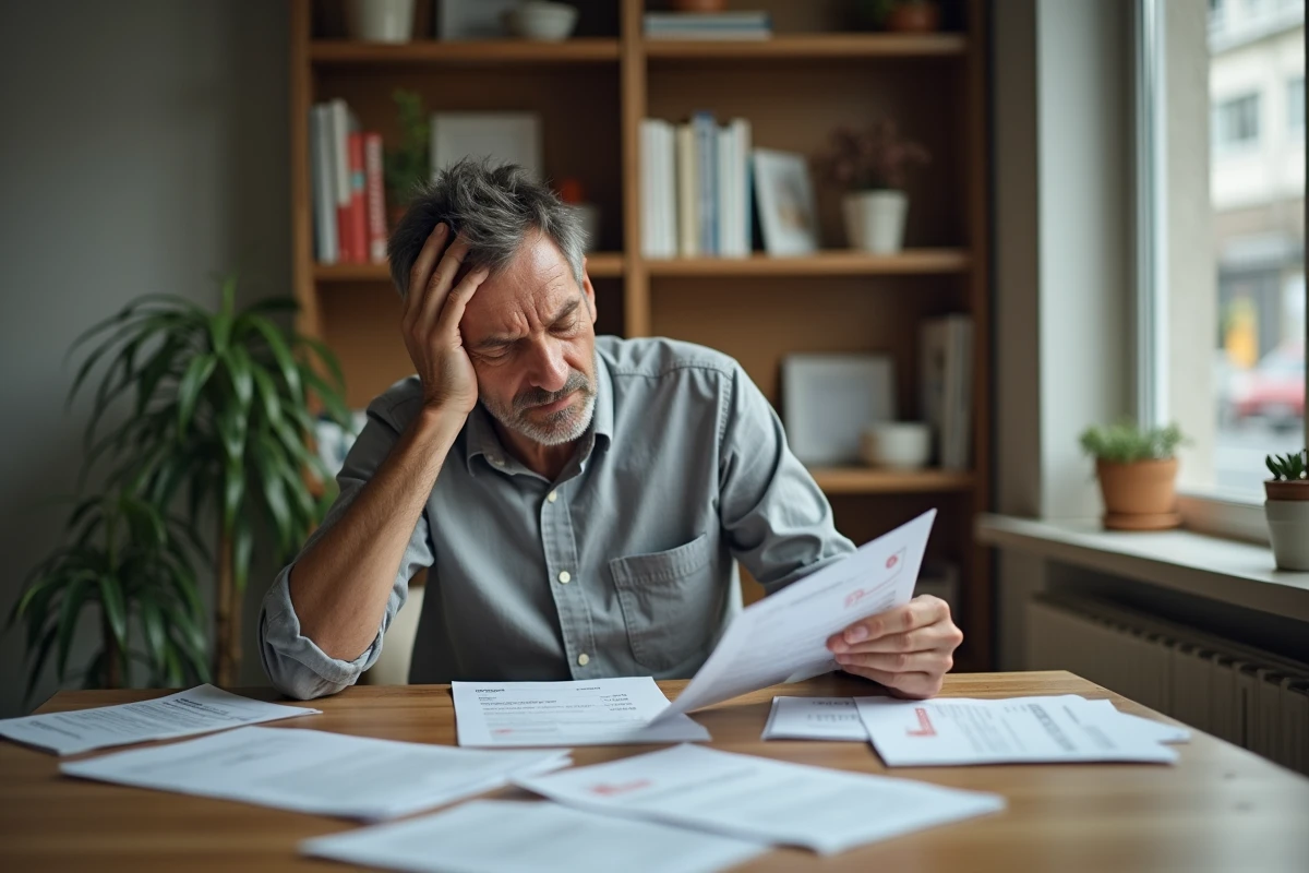 Homme stressé face à des documents bancaires officiels évoquant un interdit bancaire à son domicile