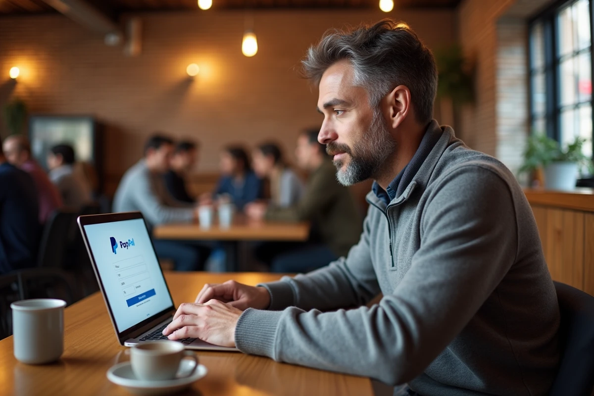 Homme utilisant un ordinateur portable dans un café pour accéder au support PayPal et trouver un numéro de contact