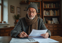 Homme d'âge moyen examinant des papiers et une calculatrice dans un intérieur cosy