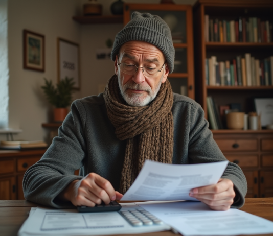 Homme d'âge moyen examinant des papiers et une calculatrice dans un intérieur cosy