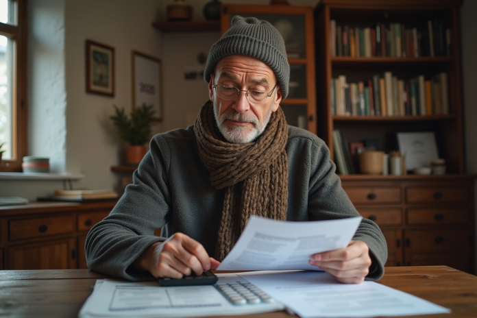 Homme d'âge moyen examinant des papiers et une calculatrice dans un intérieur cosy