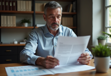 Actions sûres : quelles sont les plus fiables pour investir en bourse ? Homme d'âge moyen lisant un rapport financier dans son bureau
