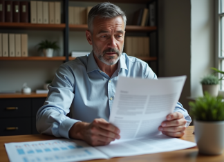 Actions sûres : quelles sont les plus fiables pour investir en bourse ? Homme d'âge moyen lisant un rapport financier dans son bureau