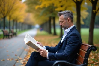 Homme en costume lisant dans un parc en automne