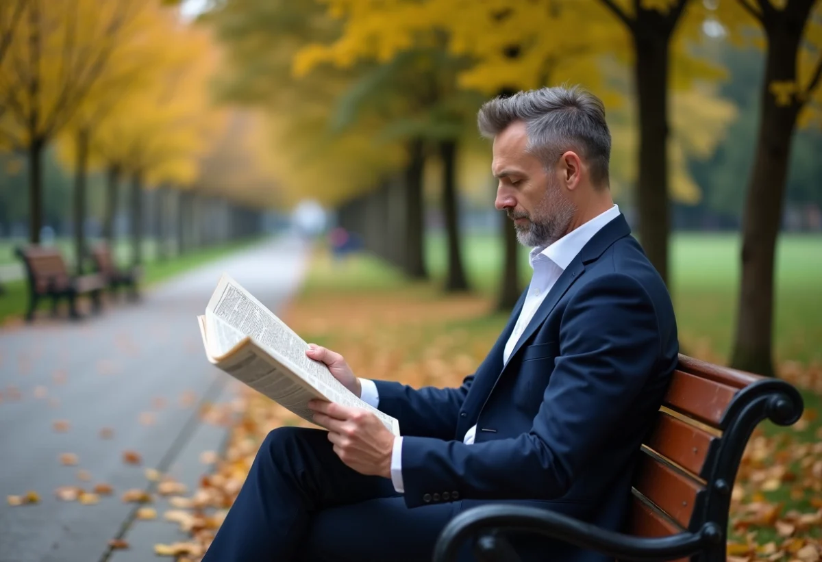 Homme en costume lisant dans un parc en automne