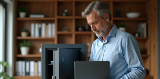 Homme d'affaires plaçant des documents dans un coffre numérique moderne