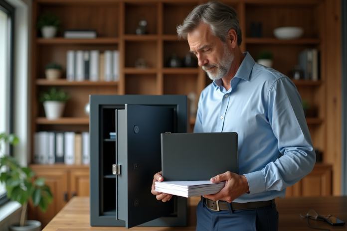 Homme d'affaires plaçant des documents dans un coffre numérique moderne
