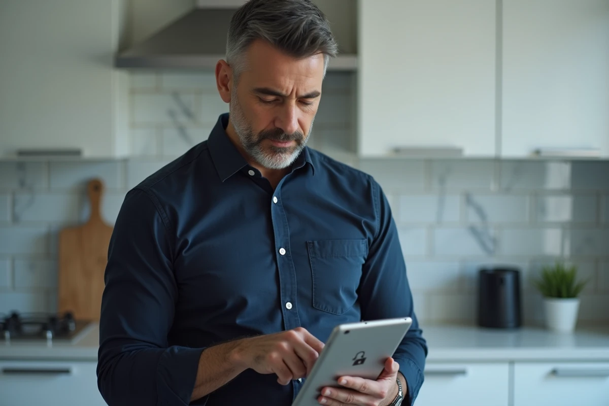 Homme consultant une page de paiement sécurisé sur une tablette avec cadenas HTTPS visible dans un environnement domestique