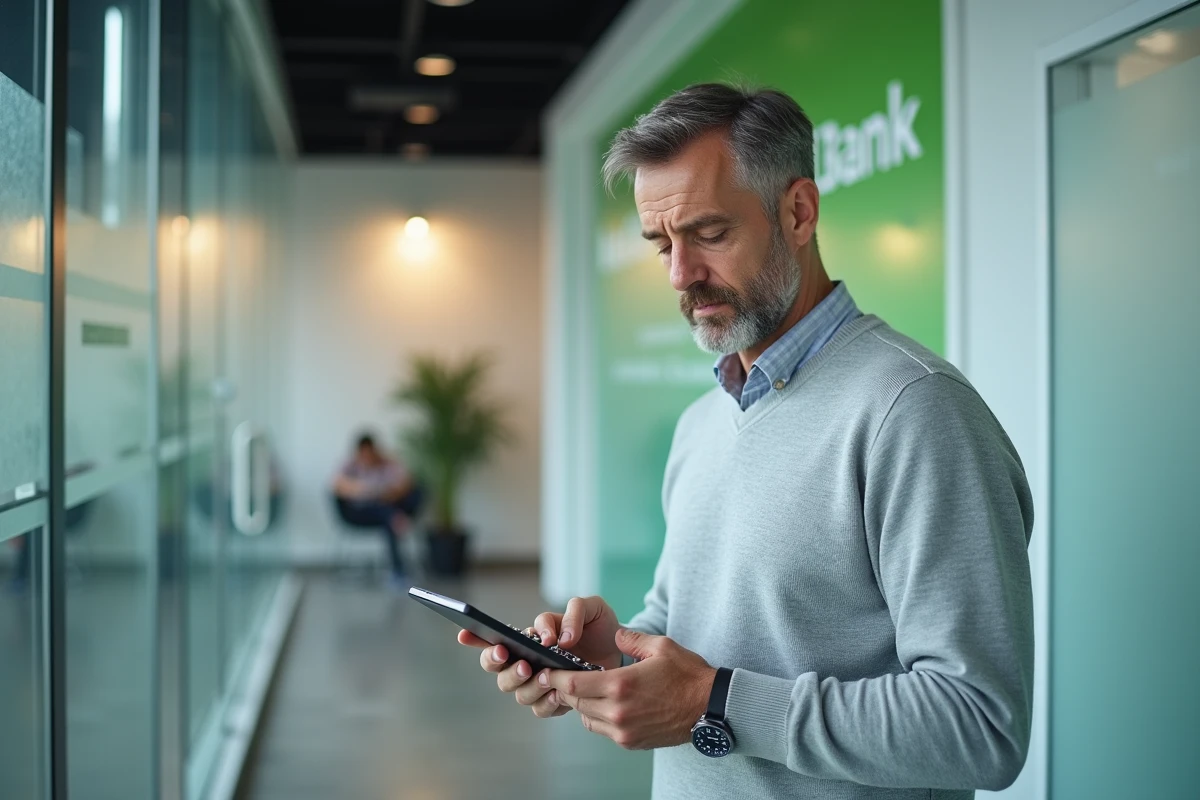 Homme utilisant un pass sécurisé sur tablette numérique dans une agence Banque Populaire Rives de Paris