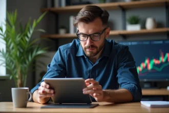 Homme consultant un portefeuille de crypto-monnaies eToro sur une tablette dans un bureau moderne