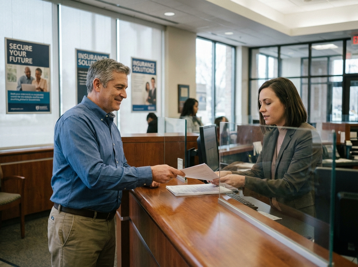 Homme souriant remettant formulaire à un conseiller bancaire