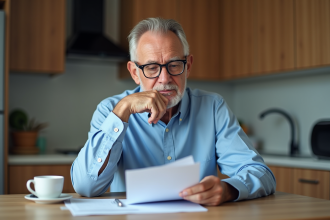 Homme de 50 ans lisant des documents de retraite à la maison