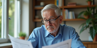 Homme d'âge moyen lisant des documents de retraite à la maison