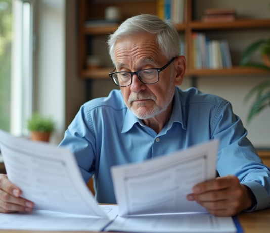 Homme d'âge moyen lisant des documents de retraite à la maison