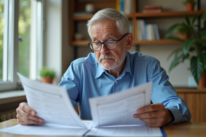 homme-retraite-lecture-documents Homme d'âge moyen lisant des documents de retraite à la maison