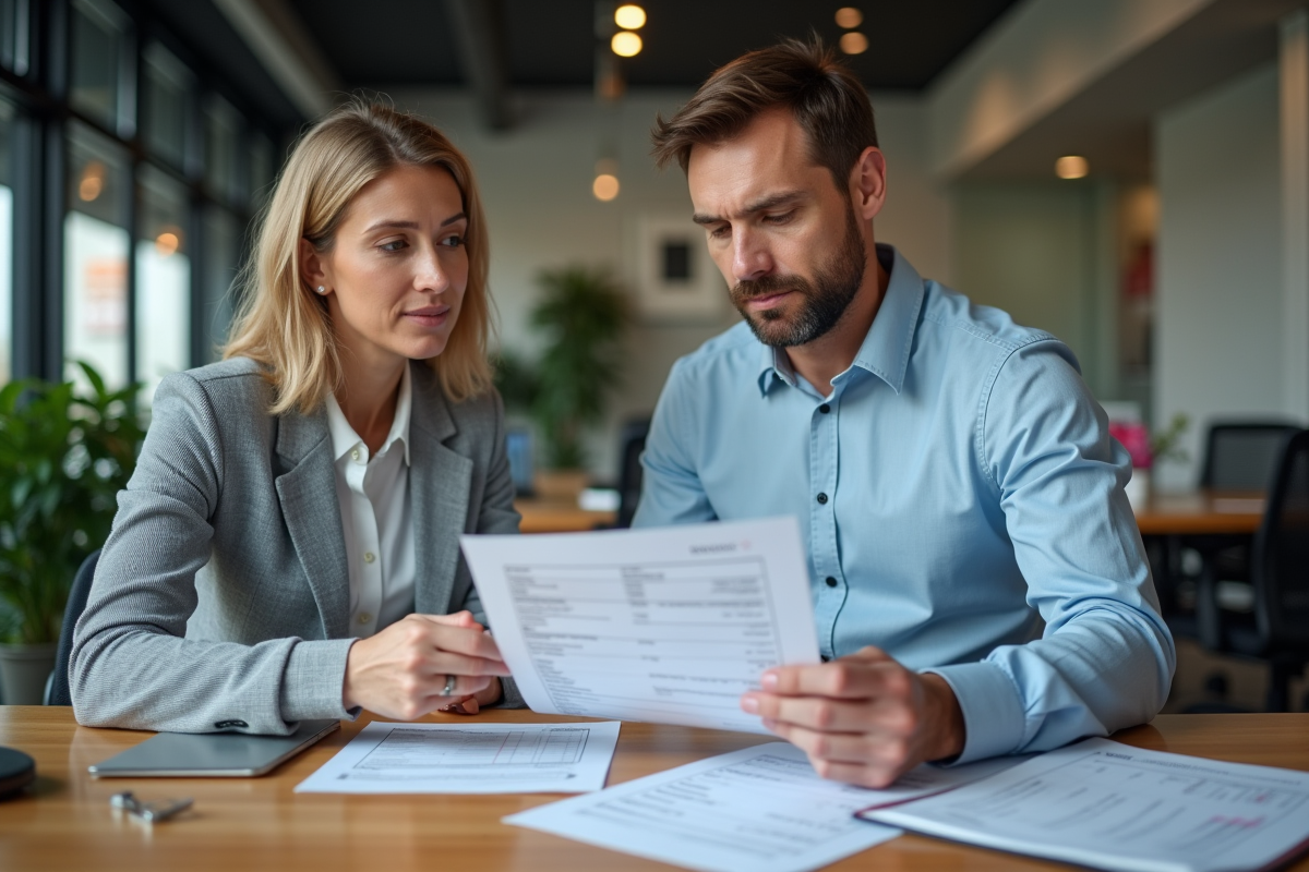 Homme examine un relevé bancaire avec conseiller en agence