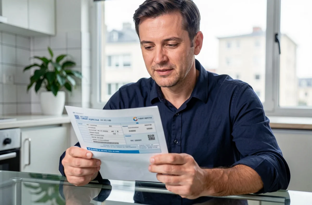 Homme tenant un RIB Crédit Agricole montrant le code banque et les identifiants bancaires