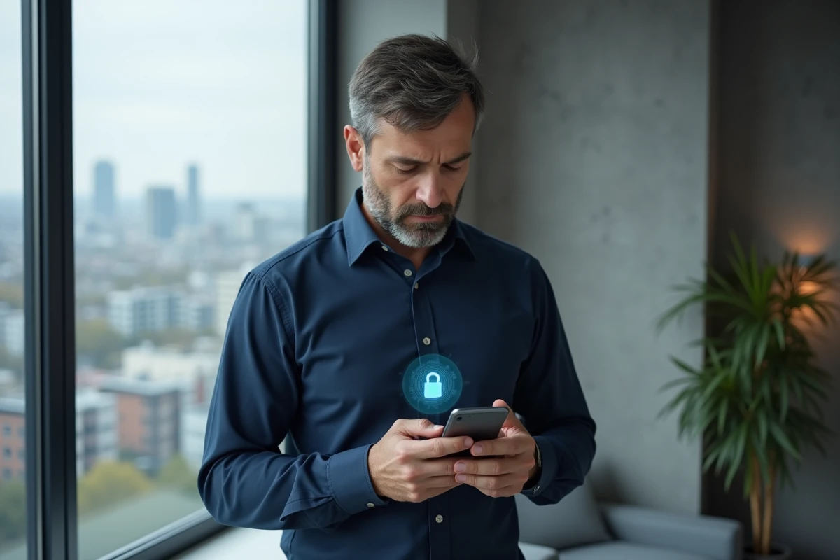 Homme sécurisant l'accès à son application bancaire mobile LCL avec authentification biométrique dans un appartement urbain